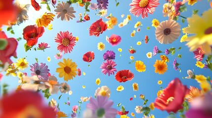 Flowers spread over the blue sky, colorful plants floral spring theme abstract design