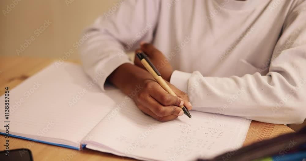 Poster Child, hands and writing with book for mathematics, learning or education with homework at home. Closeup, kid or student with notes, page or equations for addition, subtraction or problem solving