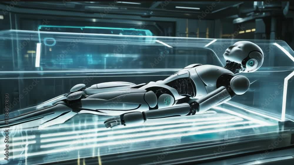Aufkleber humanoid robot is lying inside a glass capsule in a futuristic laboratory. the robot is illuminated 