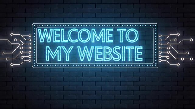 Electric Circuit A tabular banner glowing with a bright blue neon light displaying the words Welcome to My Website in pixel art style with animated circuit designs flowing around