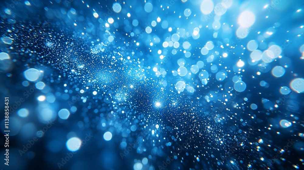 Poster abstract blue bokeh background with glowing particles.