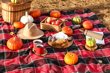 Picnic wicker basket with pumpkins, cups of tea and tasty food on plaid in autumn park