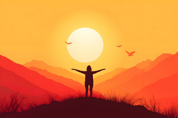 A figure stands in silhouette, arms wide open to the vibrant sunset, surrounded by mountain peaks