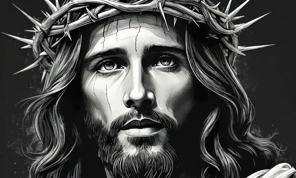 Portrait of Jesus Christ in black and white illustration. Jesus Christ in the crown of thorns.
