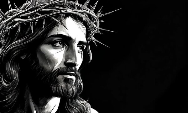 Portrait of Jesus Christ in black and white illustration. Jesus Christ in the crown of thorns.