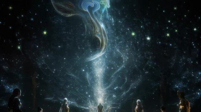 Group of people in ceremonial robes are looking towards a staircase, where a deity-like figure is bathed in light and ascending into a starry sky