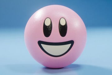 A pink, round cartoon character with a cheerful smile and big eyes, set against a simple blue background, evoking feelings of joy and nostalgia.