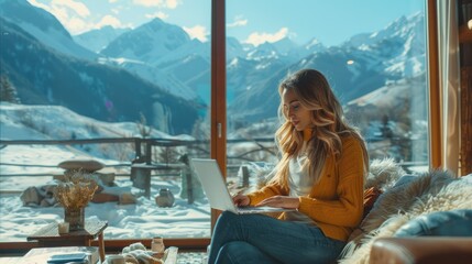 Woman works on laptop in cozy mountain cabin with stunning snowy view.