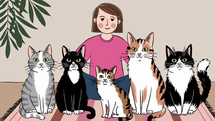 Woman Posing with Five Adorable Cats