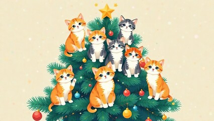 Many cute little kittens sitting on the Christmas tree Illustration. Cats stare intently at the camera. Funny Christmas card. New Year's poster, advertising sale banner for December holidays