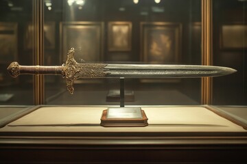 Ornate sword displayed in glass case.