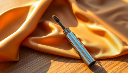 Naklejka premium A lipstick placed elegantly on soft golden silk fabric atop a wooden table, creating a luxurious and warm beauty composition.