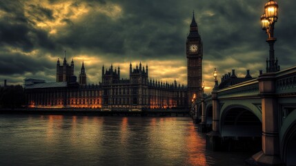Fototapeta premium London at Dusk: A Majestic View of the Houses of Parliament and Big Ben