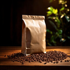 Blank white coffee bag packaging mockup on wooden table with scattered beans. Cinematic view of the product, professional photography lighting