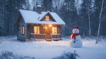 Naklejka premium Charming Snow-Covered Cabin in a Forest with Snowman: Warm Light Glowing from Windows