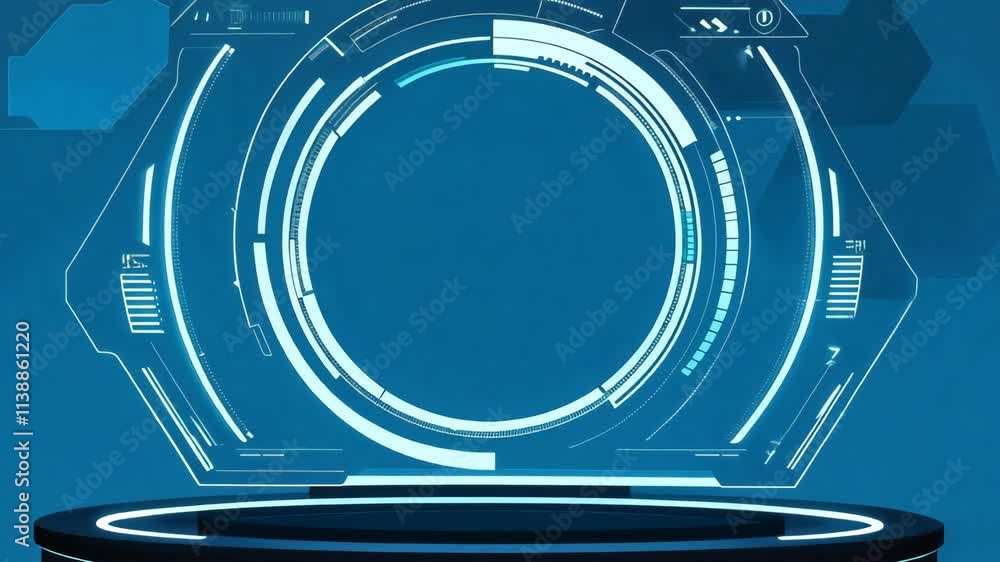 Poster futuristic hud display rotating slowly on a stage with a blue background. perfect for any project th