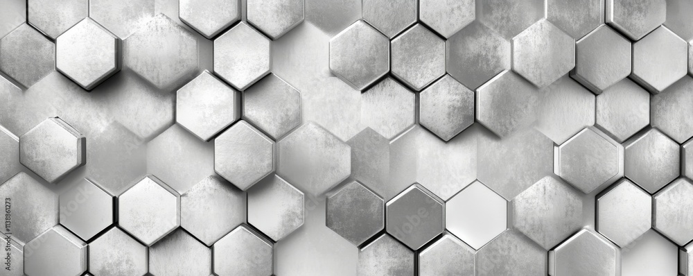 Poster silver, hexagonal tiles arranged to create a background formed from glossy, polished blocks.