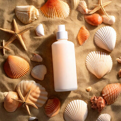 Cosmetic promotion mock up on beach scene, a cosmetic tube placed on white sand, decorated by some shells