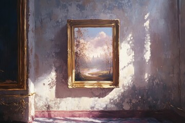 Ornate frame, landscape painting, sunlit wall.