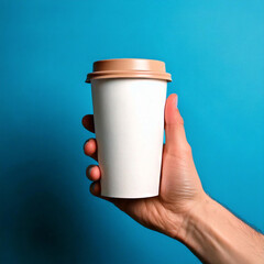  paper coffee cup on light blue background, closeup