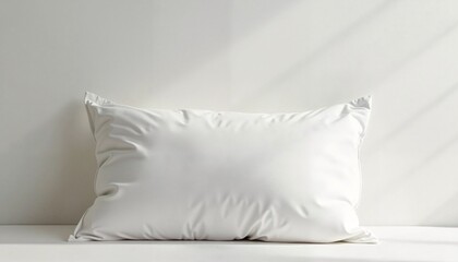 Soft white pillow on a minimalist surface with natural light and copy space. Mockup