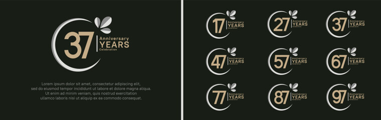 anniversary logotype set. vector design brown color with grey ring and leaf for special moment