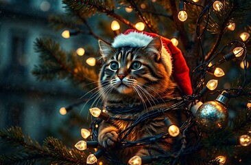 Cute cat wearing red Santa Claus hat. Kitten is entangled in a garland with light bulbs on Christmas tree. Christmas card. Happy New Year celebration, invitation to party. Advertising banner