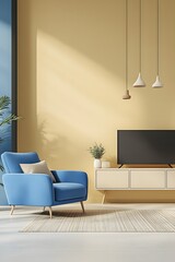Cozy living room featuring a blue chair, TV, and warm lighting.