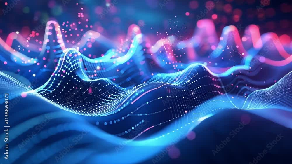 Aufkleber complex wave of luminous particles flowing in cyberspace, creating an abstract digital landscape wit