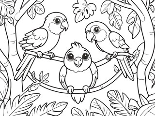 Fototapeta premium Adorable Parrots in a Tropical Paradise: A Coloring Page Delight