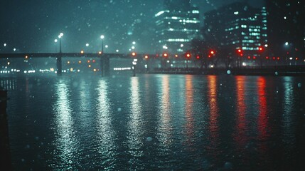 Cityscape Reflections On Snowy Night Water