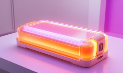 Glowing orange and pink rectangular tech device on white surface.