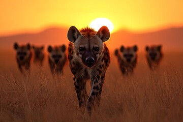 Pack of hyenas in sunset savanna, dominance hierarchy