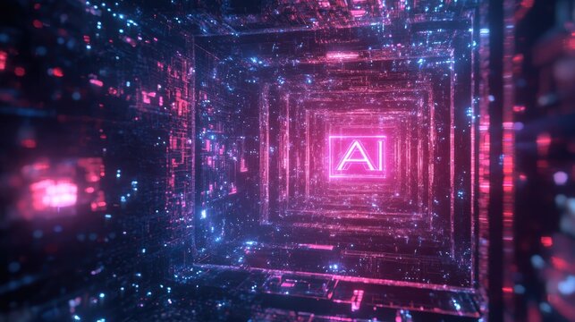 AI letters in cyberspace. Virtual reality, programming and information technology of the future. Artificial intelligence, digital code data and cybersecurity