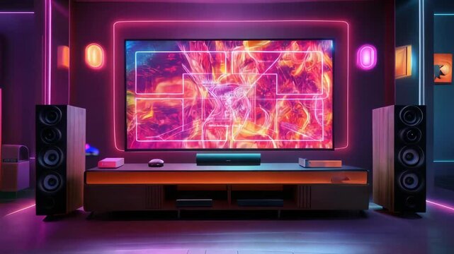 Modern gamer rooms feature neon lights illuminating a tv displaying abstract digital art with vibrant, changing colors. The atmosphere combines technology and entertainment in a stylish setup