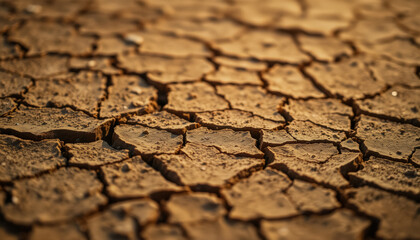 A close-up of cracked, dry earth in a parched landscape, highlighting environmental issues, texture, and the impact of drought on nature.