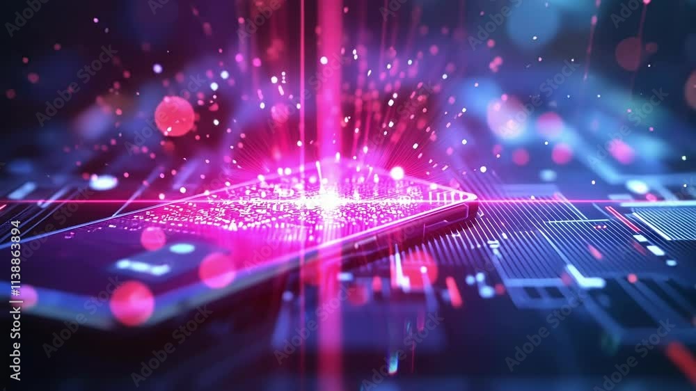 Aufkleber pink and blue glowing particles exploding from a smartphone lying on a futuristic circuit board, sym