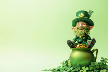 A leprechaun joyfully sits on gold coins, surrounded by clover leaves, celebrating luck