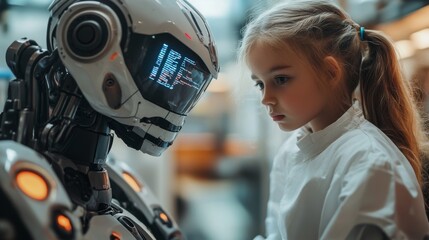 Fototapeta premium Young woman interacting with a humanoid robot in a futuristic setting