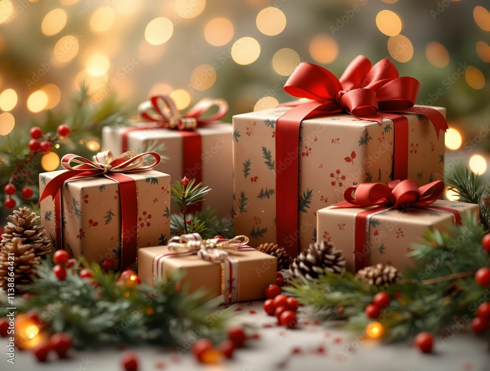Poster several wrapped gifts adorned with red ribbons, placed on a surface decorated with pine branches, pi