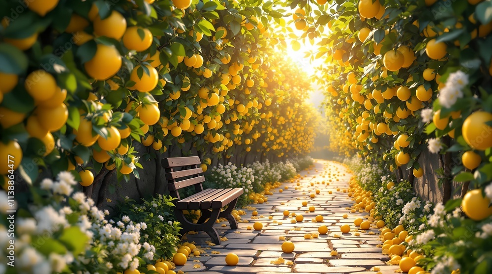 Poster serene garden scene with an archway of orange trees, a bench, and a path covered in fallen leaves. The setting is bathed in warm sunlight, creating a peaceful and inviting atmosphere.