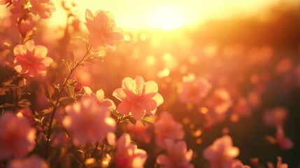 Sunlit cherry blossoms glowing in warm golden hour