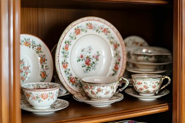 Floral teacups, saucers, plates on wooden shelf.