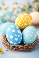 Obraz premium Vibrant eggs adorned with playful patterns sit in a natural nest, capturing the essence of spring festivities and joy