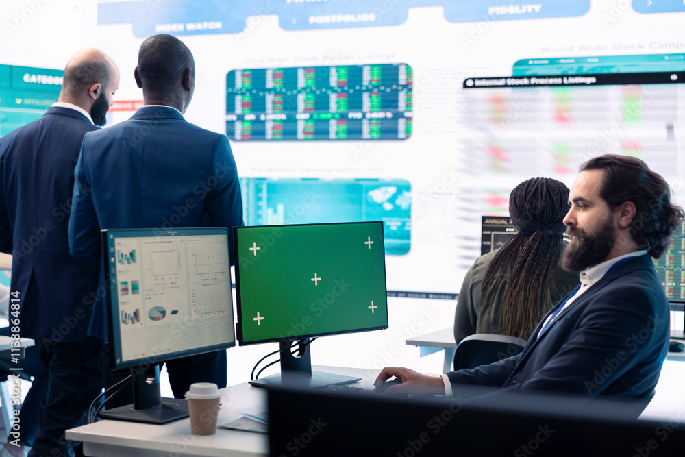 Poster sales manager examining success and efficiency metrics within the firm, reviews progress details nex
