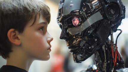 Fototapeta premium Young boy closely observing humanoid robot