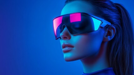 Person in blue futuristic sunglasses with neon glow and moody lighting