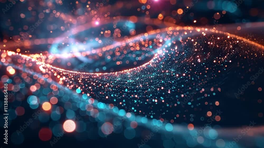 Poster abstract background showing a futuristic wavy surface sparkling with red and blue lights, creating a