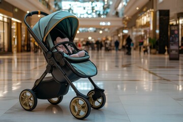 Teal stroller with gold wheels sits in mall.