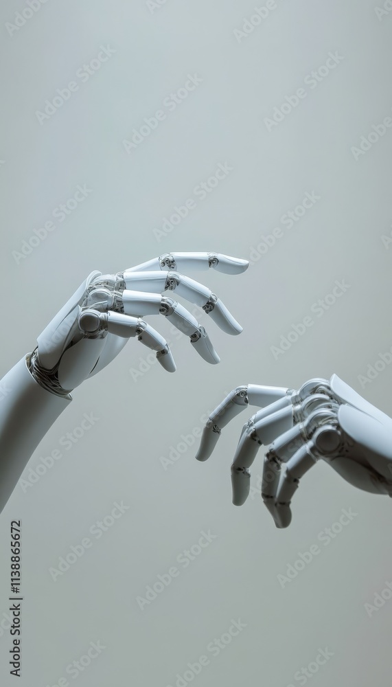 Poster symbolic connection between humans and ai technology a pair of robotic hands reaching out